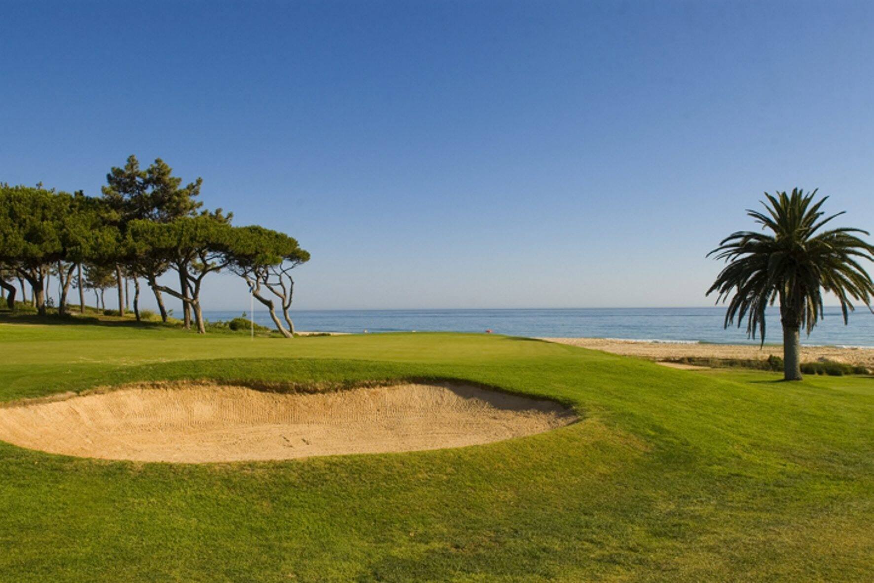 A view of a golf course beside a beach.